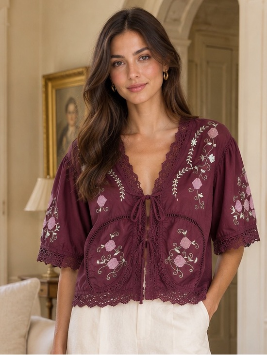 Jennifer & Grace Tops - Jennifer & Grace Burgundy New Maroon Cross Stitch Embroidery Top L (Sezane
